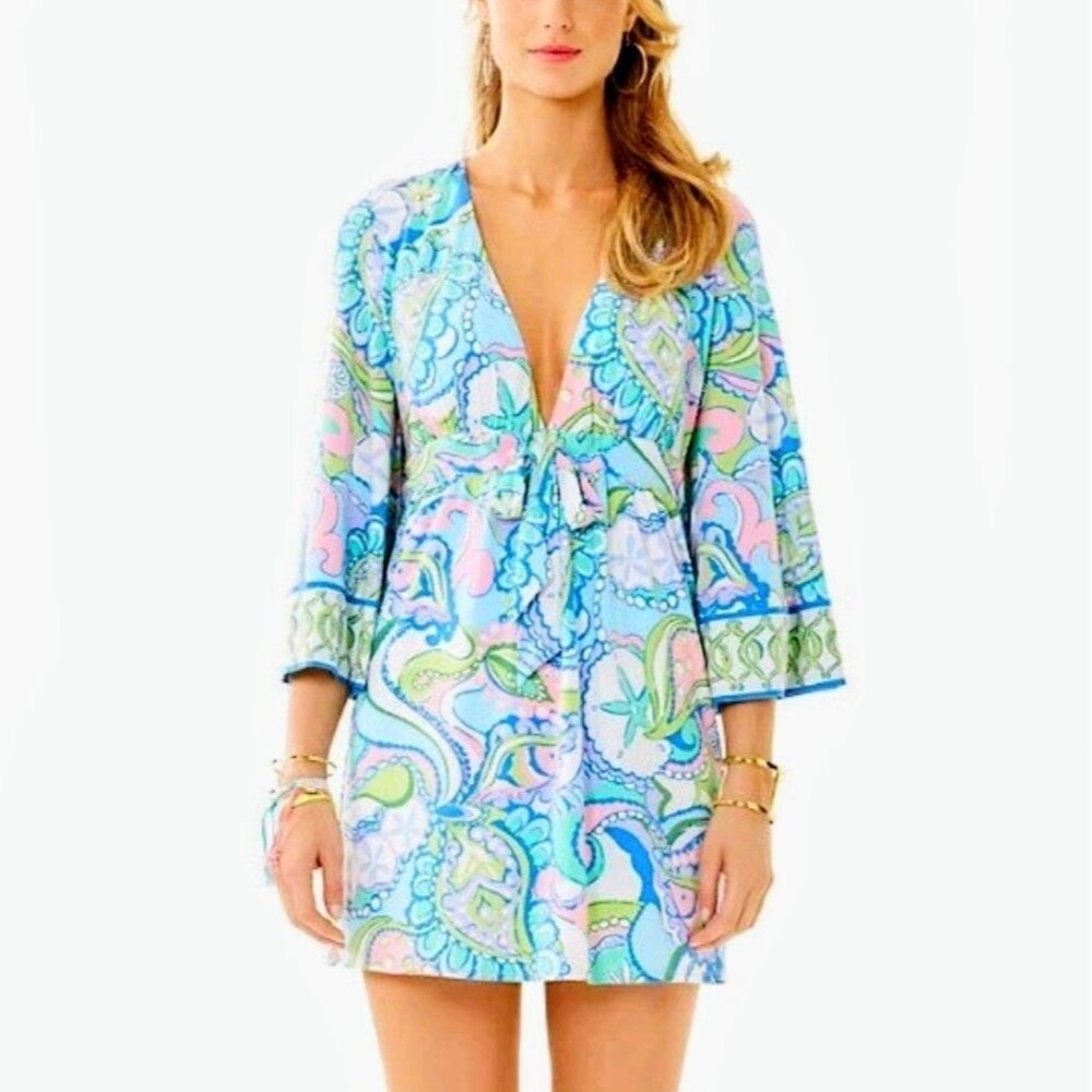 LILLY PULITZER Dress Tropez Tunic Style Conch Republic Engineered Print Women L